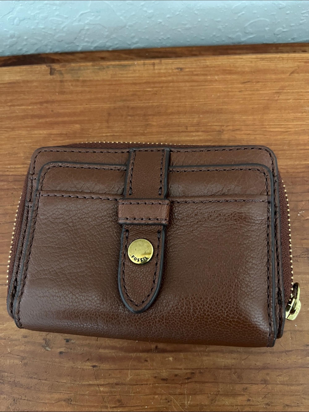 Fossil Brown Leather Wallet with Gold Zipper Detail